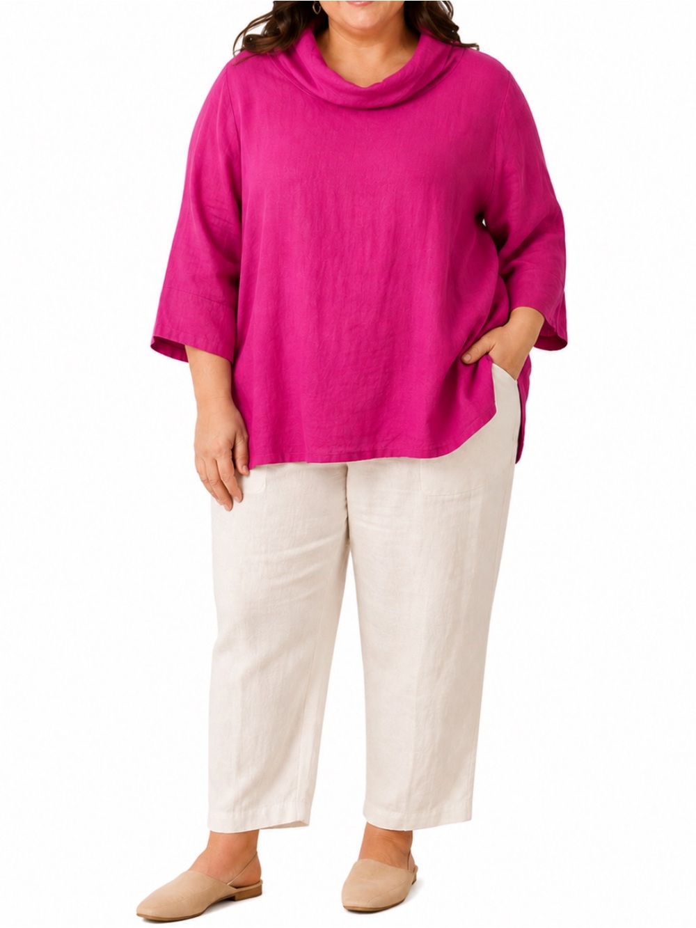 Lintico XL 100% Linen Hot Pink Cowl Neck 3/4 Sleeve Lagenlook Boxy Blouse Top
